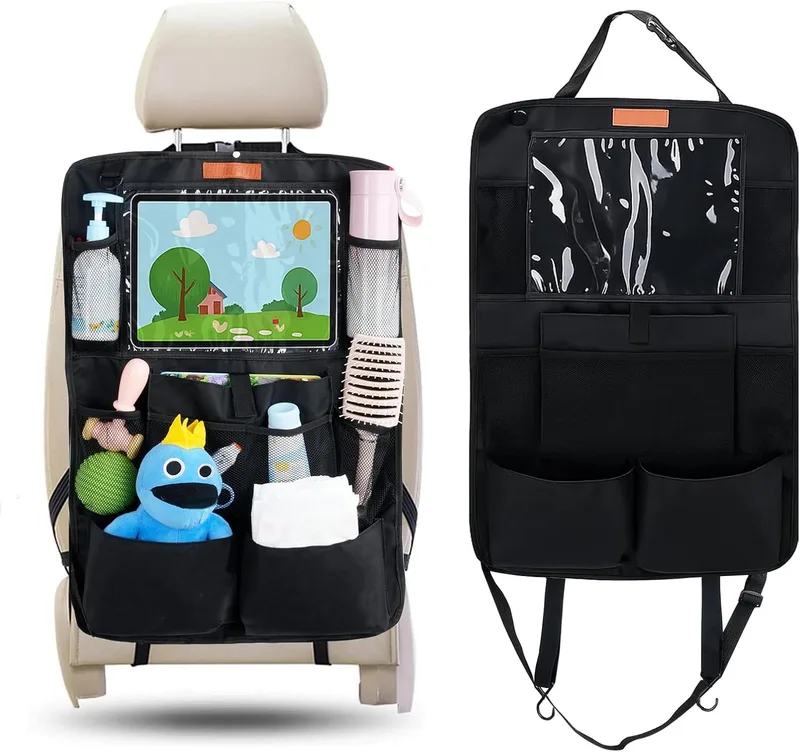 SURFOU ▫️ Protetor de Assento de Carro Organizador com Vários Bolsos de Grande Capacidade, com Espaço para Tablet, Brinquedos, Livros e Copos, em Tecido Oxford Impermeável para Crianças, Preto