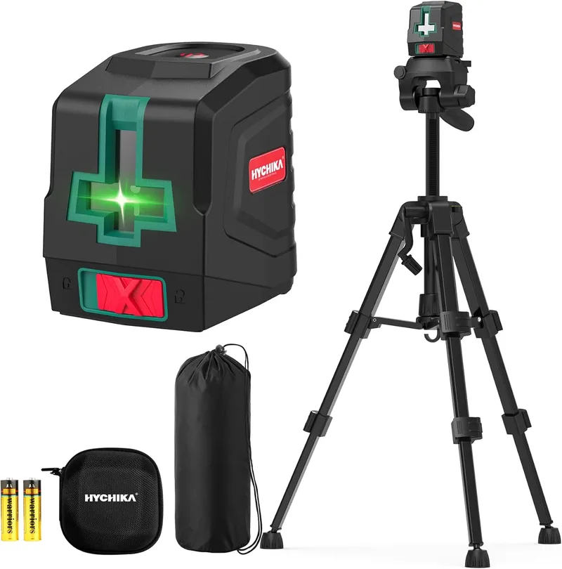 HYCHIKA BETTER TOOLS FOR BETTER LIFE ▫️ HYCHIKA Nível laser autonivelante com tripé, nível laser horizontal e vertical verde, laser de linha com bolsa de transporte e 2 pilhas AA, para decoração de casa, bricolage