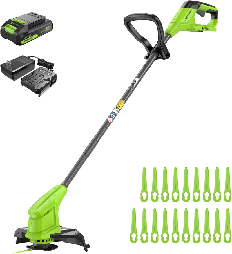 Greenworks ▫️ Cortador de escova a bateria 24V para jardins pequenos e médios, largura de corte de 25 cm, inclui 20 lâminas de plástico para clientes com bateria de 2,0 Ah e carregador