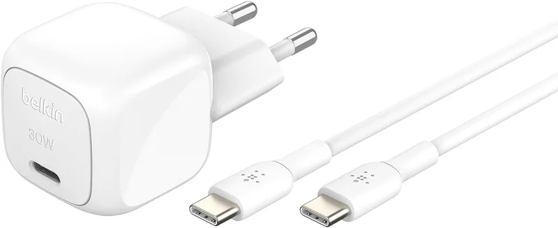 Carregador de parede compacto Belkin BoostCharge 30W, fornecimento de energia USB-C, portátil de viagem, iPhone, Samsung Galaxy, iPad, AirPods, tablets e outros, cabo USB-C para C 1m, branco