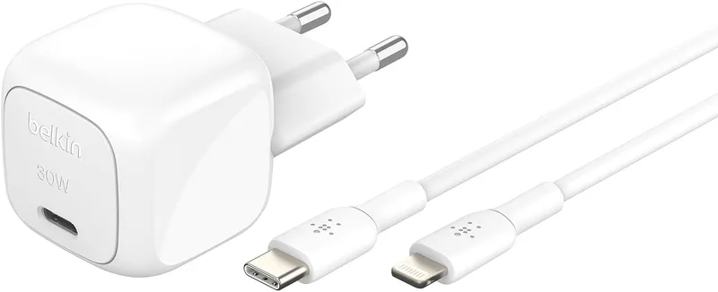Belkin ▫️ Carregador de parede compacto BoostCharge 30W, fornecimento de energia USB-C, portátil para viagens, iPhone, iPad, AirPods ou tablets, cabo USB-C para Lightning 1m, branco