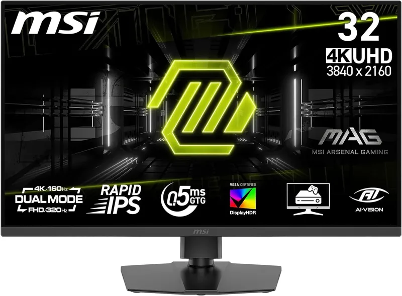 MSI ▫️ Monitor para jogos mag 322URDF E16, 32 polegadas, 4K UHD, 3840x2160, IPS rápido, 0,5 ms, DisplayHDR 400, Eye Care, AI Vision, modo duplo, HDMI 2.1, DP 1.4a, inclinação/altura ajustável, preto