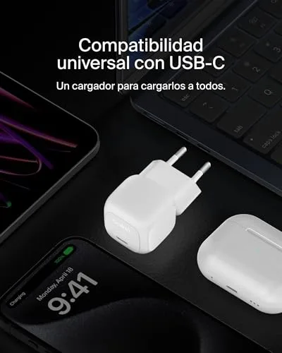 Belkin ▫️ Carregador de parede compacto BoostCharge USB-C de 20 W, carregamento rápido USB-C Power Delivery, com cabo tipo C de 1 m, para iPhone 17, iPhone Air, Samsung Galaxy S25, iPad, AirPods e outros - Branco 3