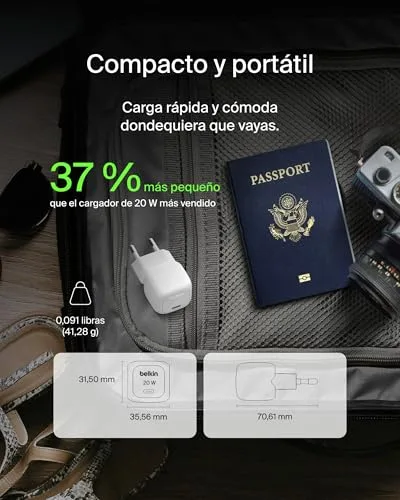 Belkin ▫️ Carregador de parede compacto BoostCharge USB-C de 20 W, carregamento rápido USB-C Power Delivery, com cabo tipo C de 1 m, para iPhone 17, iPhone Air, Samsung Galaxy S25, iPad, AirPods e outros - Branco 4