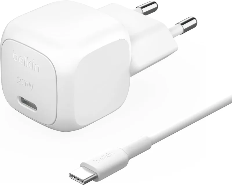 Belkin ▫️ Carregador de parede compacto BoostCharge USB-C de 20 W, carregamento rápido USB-C Power Delivery, com cabo tipo C de 1 m, para iPhone 17, iPhone Air, Samsung Galaxy S25, iPad, AirPods e outros - Branco