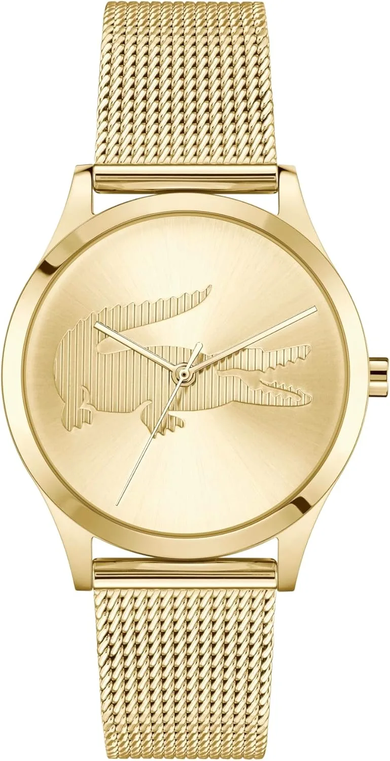 Lacoste ▫️ Relógio com movimento de quartzo e três ponteiros para mulher, da coleção CROCODELLE, com bracelete em malha de aço inoxidável dourado - Disponível com mostrador dourado, verde, rosa ou azul