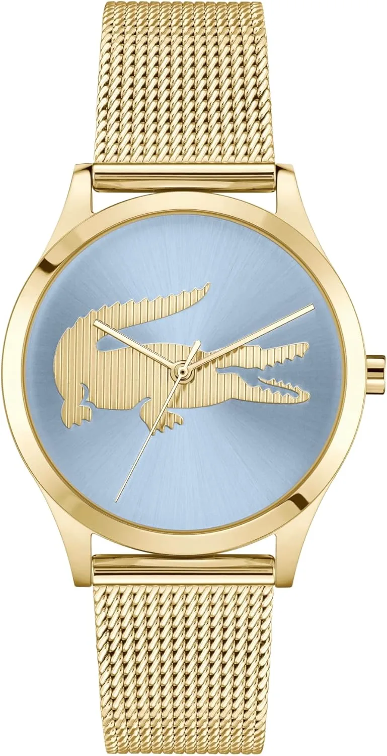 Relógio Lacoste feminino com movimento de quartzo e bracelete em malha de aço inoxidável dourada da coleção CROCODELLE - Disponível com mostradores dourados, verdes, cor-de-rosa ou azuis