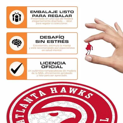 Iconic Puzzles ▫️ Atlanta Hawks, Logótipo, Puzzle de madeira com licença oficial da NBA, 100% sustentável, Tamanho S, 150 peças 3