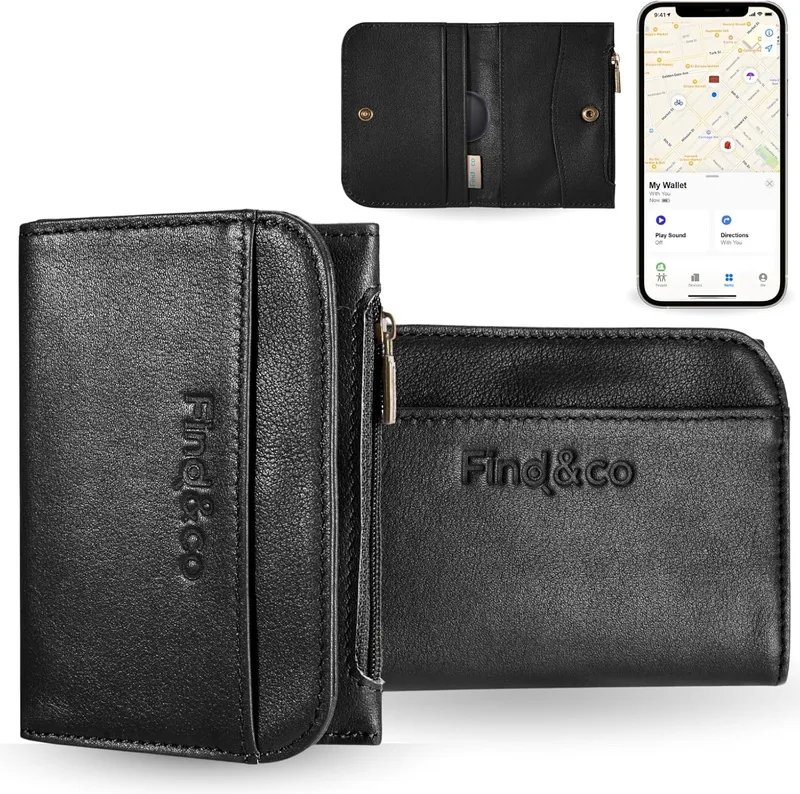 Find&co ▫️ Carteira de Homem em Pele com Bolso para AirTag e Smart Tag, Carteira Pequena para 8 Cartões, Proteção RFID - Porta-cartões Compacto Compatível com iOS e Android - Antirroubo e Elegante, Unissexo