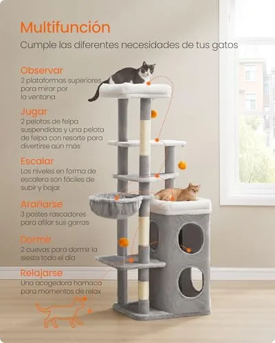 FEANDREA ▫️ Árvore para Gatos, Multinível, 150 cm, 3 Plataformas, Cinza Pomba 5