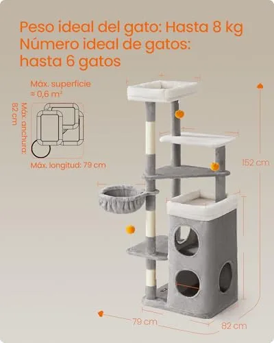 FEANDREA ▫️ Árvore para Gatos, Multinível, 150 cm, 3 Plataformas, Cinza Pomba 7