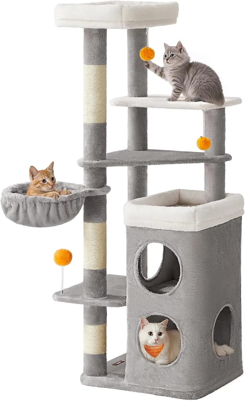FEANDREA ▫️ Árvore para Gatos, Multinível, 150 cm, 3 Plataformas, Cinza Pomba