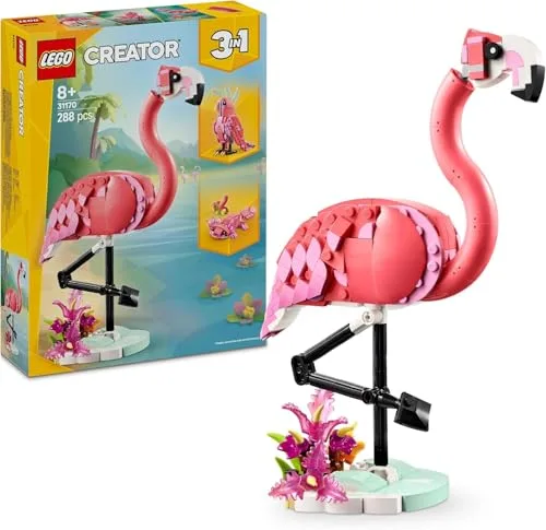 LEGO ▫️ Creator 3 em 1 Animais Selvagens: Brinquedo Flamingo Rosa – Transforma-se numa figura de papagaio cacatua ou num axolote + Figuras de animais 3 em 1: de papagaio exótico a rã a peixe 31170 + 31136 2