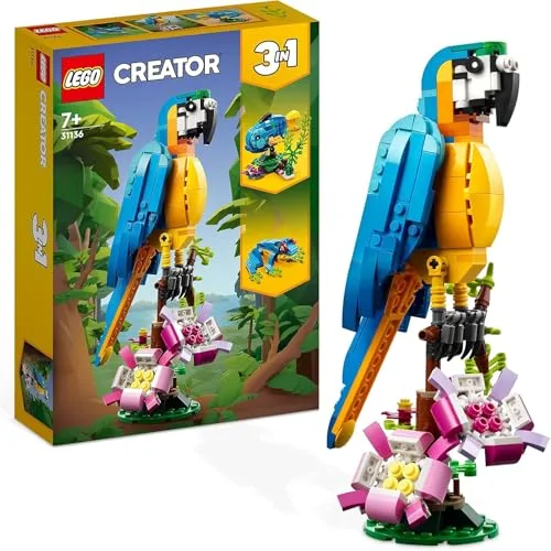 LEGO ▫️ Creator 3 em 1 Animais Selvagens: Brinquedo Flamingo Rosa – Transforma-se numa figura de papagaio cacatua ou num axolote + Figuras de animais 3 em 1: de papagaio exótico a rã a peixe 31170 + 31136 3