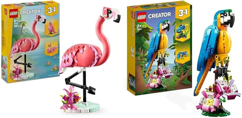 LEGO ▫️ Creator 3 em 1 Animais Selvagens: Brinquedo Flamingo Rosa – Transforma-se numa figura de papagaio cacatua ou num axolote + Figuras de animais 3 em 1: de papagaio exótico a rã a peixe 31170 + 31136