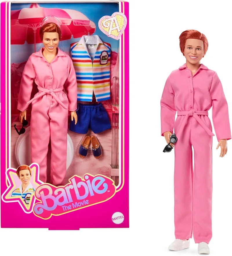 Barbie ▫️ The Movie Allan Michael Cera Collectible Doll com 2 fatos intercambiáveis, inclui um macacão cor-de-rosa e um fato de praia às riscas azuis com óculos de sol, JBJ42