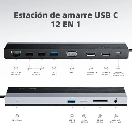 WAVLINK ▫️ Estação de acoplamento USB-C para 3 monitores, com HDMI, DP, VGA, 100 W PD, USB 3.0 e 2.0, RJ45, ranhuras SD/TF, áudio/microfone, para Lenovo/HP/DELL, etc. - Cinzento 2