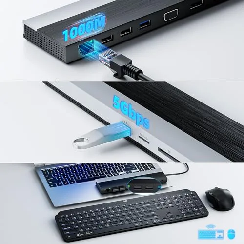 WAVLINK ▫️ Estação de acoplamento USB-C para 3 monitores, com HDMI, DP, VGA, 100 W PD, USB 3.0 e 2.0, RJ45, ranhuras SD/TF, áudio/microfone, para Lenovo/HP/DELL, etc. - Cinzento 6