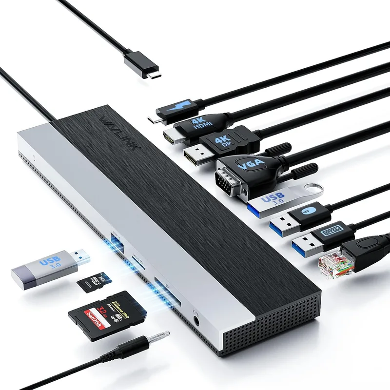 WAVLINK ▫️ Estação de acoplamento USB-C para 3 monitores, com HDMI, DP, VGA, PD de 100 W, USB 3.0 e 2.0, RJ45, ranhuras SD/TF, áudio/microfone, para Lenovo/HP/DELL, etc. - Cinzento
