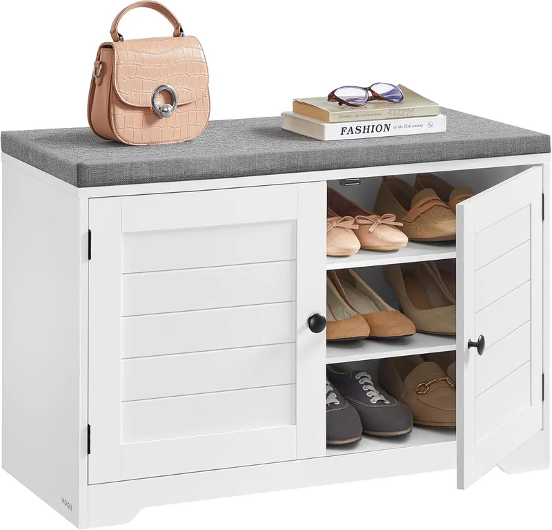 VASAGLE ▫️ Banco de 3 níveis para arrumação de sapatos com portas e almofada, prateleiras ajustáveis, 35,5 x 81 x 52,5 cm, para hall de entrada, quarto, White Cloud e Dove Grey LSB034W01