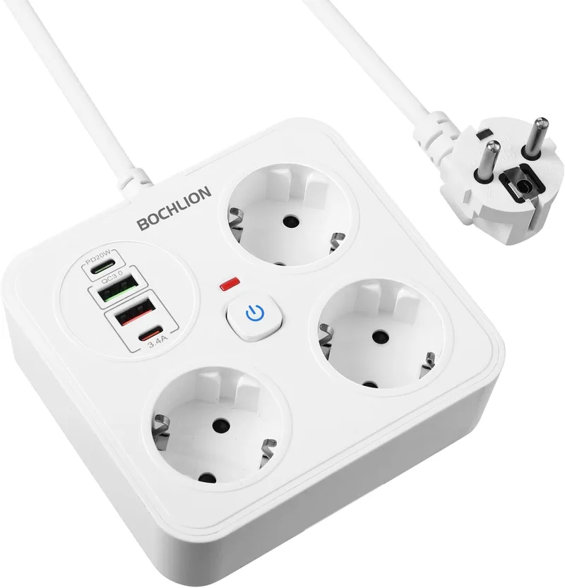 BOCHLION ▫️ Multiprisas com USB, 3 tomadas e 4 portas USB (PD 20 W e QC 3.0), multiprisa com proteção contra sobretensão e interruptor, para montagem na parede e cabo de 1,8 m, branco
