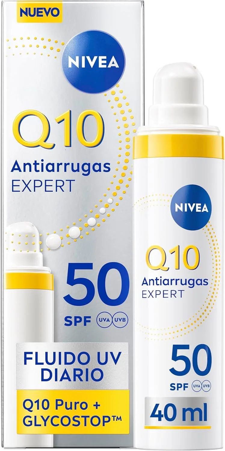 NIVEA ▫️ Q10 Expert - Fluido diário UV SPF50 - Creme de rosto hidratante anti-envelhecimento - Tripla proteção antirrugas - Com Pure Q10 e Glycostop - Ideal como base de maquilhagem - Todos os tipos de pele - 40 ml