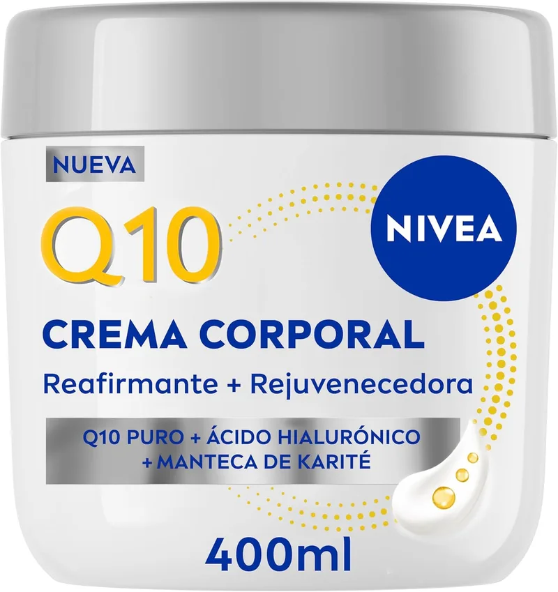 NIVEA ▫️ Q10 Creme Refirmante + Rejuvenescedor para Zonas Específicas (400 ml), creme corporal com Ácido Hialurónico e Manteiga de Karité, hidratante 72h para braços, nádegas, abdómen e joelhos.