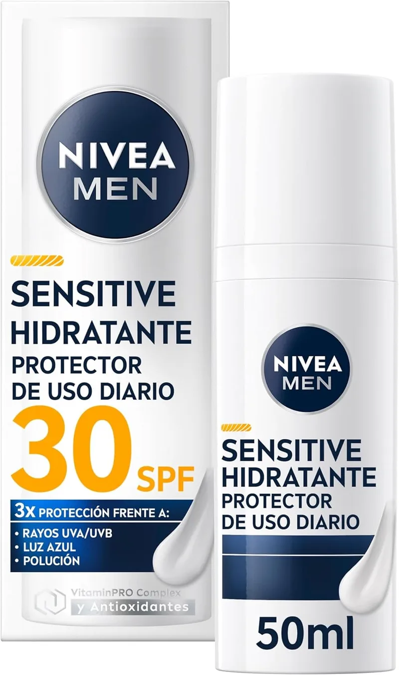 NIVEA MEN ▫️ Sensitive Moisturising Sunscreen FP30 for Daily Use (50 ml), creme facial hidratante para homem, protetor solar para peles sensíveis com Camomila, Provitamina B5, Vitamina E e Licochalcone A.
