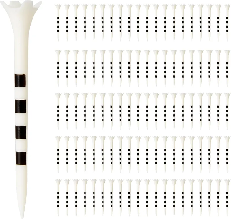 Amazon Basics ▫️ Tees de golfe com sistema de marcação de altura - Tees de plástico reciclado com cabeça de 4 pontas - Acessórios de golfe - Branco - Embalagem de 100 unidades