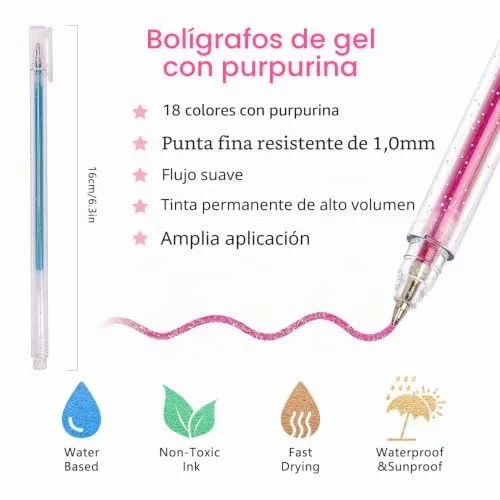 MOTIBACK ▫️ Canetas de gel com purpurina, canetas com purpurina para adultos, para desenhar, escrever e decorar (18 unidades) 3