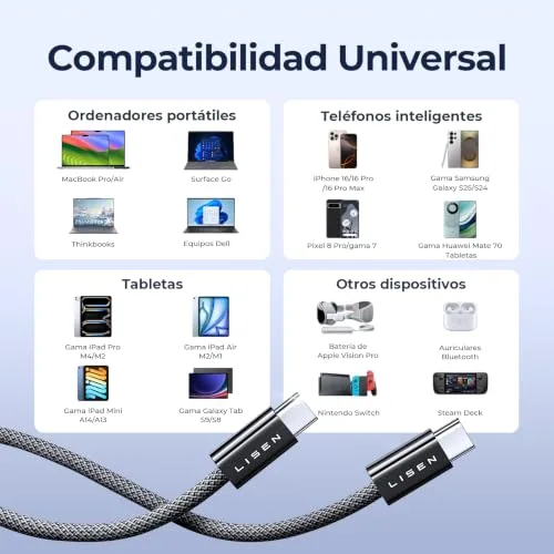 LISEN ▫️ 240 W Cabo USB-C de carregamento rápido, 2 m, cabo USB-C para Tipo C PD3.2 SPR AVS 6