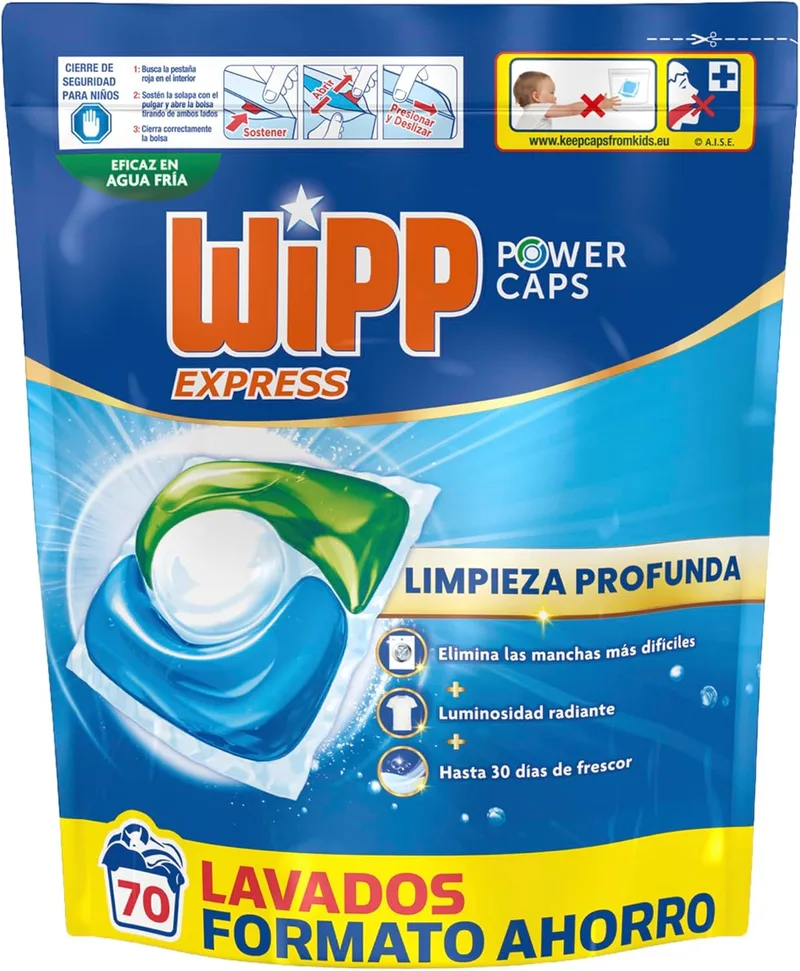 Wipp Express ▫️ Power Caps – Detergente em cápsulas para máquina de lavar roupa, 70 doses, limpeza profunda, eficaz em água fria