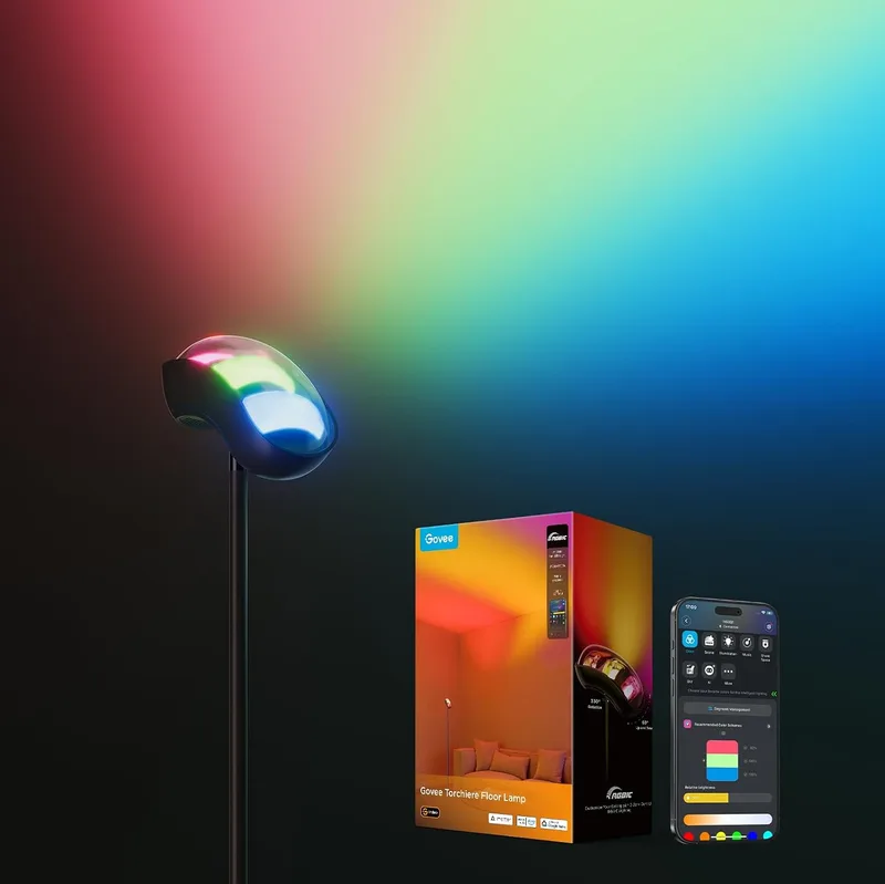 Govee ▫️ Candeeiro de pé LED Torchiere, RGBWWIC com controlo de 3 zonas, compatível com Matter e Alexa, 77 cenários e sincronização musical, 170 cm, preto, para sala de estar, quarto e teto