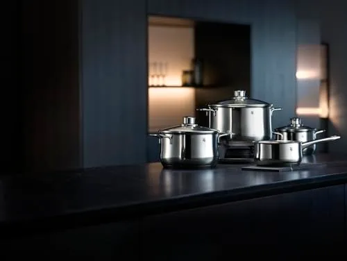 WMF ▫️ Diadem Plus - Conjunto de cozinha de 7 peças, aço inoxidável compatível com indução, 1 panela rasa de 20 cm, 2 panelas altas de 16 cm e 24 cm, 1 caçarola de 16 cm com 3 tampas de vidro 2