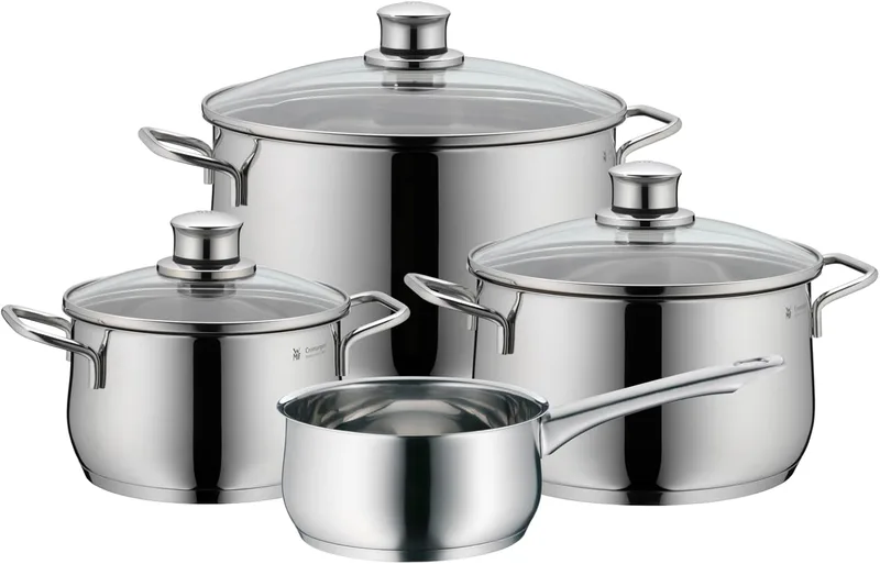 WMF ▫️ Diadem Plus - Conjunto de cozinha de 7 peças, aço inoxidável compatível com indução, 1 panela rasa de 20 cm, 2 panelas altas de 16 cm e 24 cm, 1 caçarola de 16 cm com 3 tampas de vidro