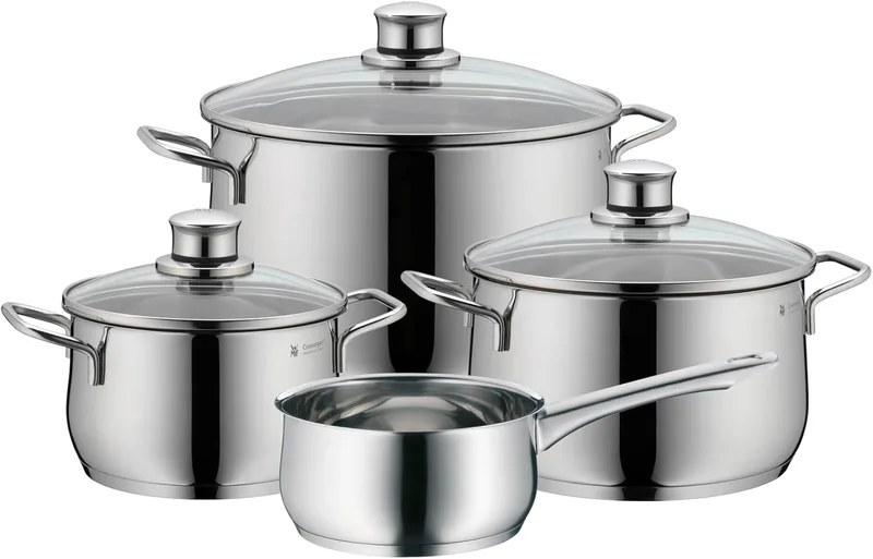 WMF ▫️ Diadem Plus - Conjunto de cozinha de 7 peças, aço inoxidável compatível com indução, 1 panela rasa de 20 cm, 2 panelas altas de 16 cm e 24 cm, 1 caçarola de 16 cm com 3 tampas de vidro