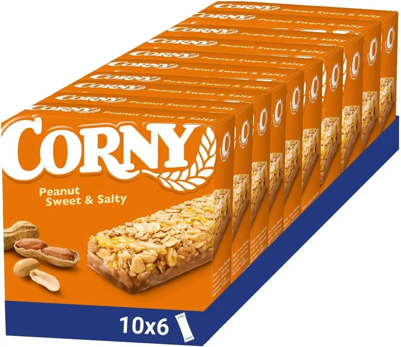 Corny ▫️ Barra de Amendoim Doce e Salgada, Equilíbrio Doce e Salgado, Sem Conservantes ou Óleo de Palma, Embalagem de 10 pacotes com 6 barras 10x(6x25g)