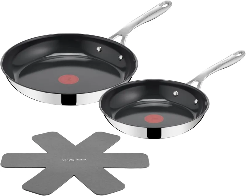 Tefal ▫️ Jamie Oliver Cerâmica - Conjunto de 2 frigideiras de 24/28 cm, Revestimento cerâmico, Aço inoxidável, Antiaderente, Thermo-spot, Adequado para indução e forno, Inclui protetor de frigideira