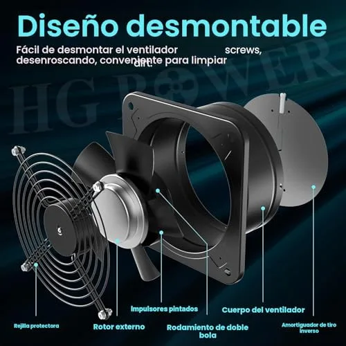 HG Power ▫️ Exaustor de 200 mm - Exaustor silencioso para casa de banho com válvula anti-retorno, regulador de velocidade, ficha, exaustor industrial para cozinha, garagem, cave e escritório, A-Preto 3