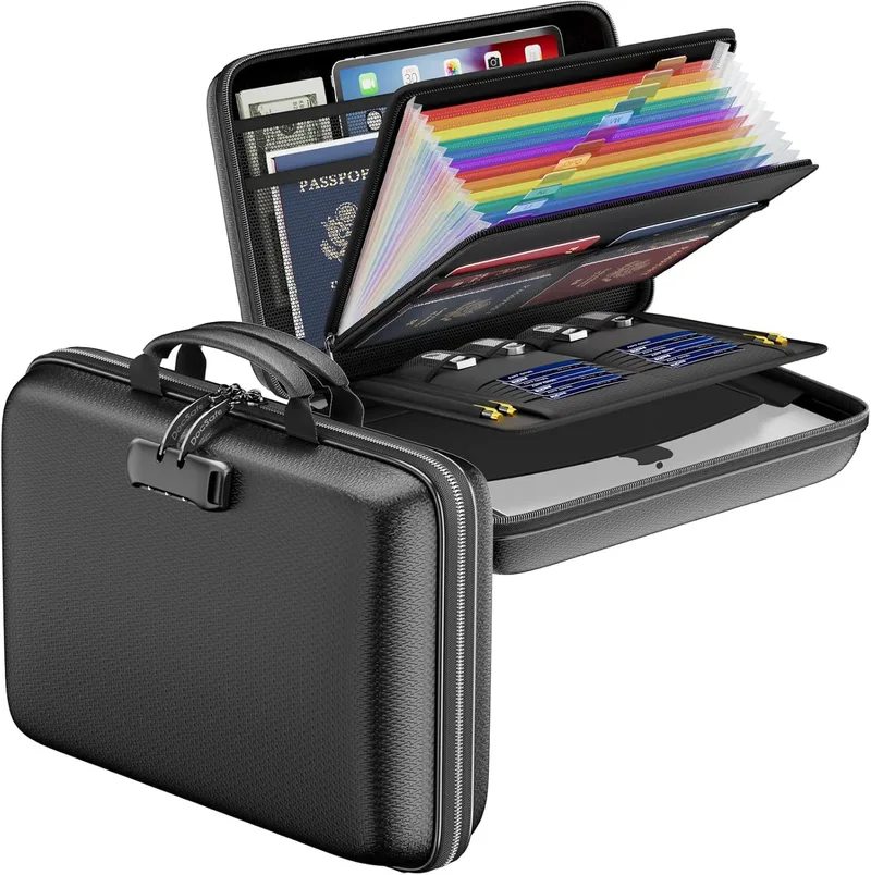 DocSafe ▫️ Organizador de arquivos ignífugo com fechadura, caixa rígida para documentos, pasta de arquivos expansível com 13 compartimentos, organizador de documentos portátil e impermeável, pasta de arquivos