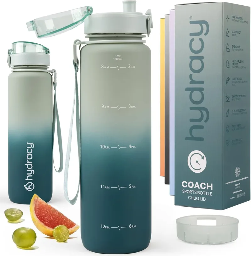 Hydracy ▫️ Garrafa de água com marcador de tempo - Garrafa grande de 1 litro com gradiente sem BPA - Garrafa de ginástica à prova de fugas com infusor de fruta, coador e horário de consumo