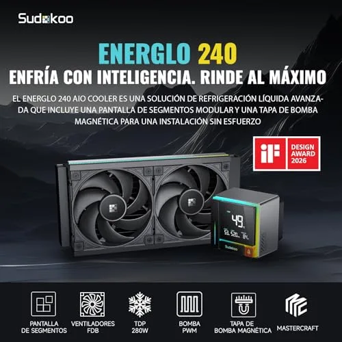 Sudokoo ▫️ ENERGLO 240 Refrigeração Líquida para PC: AIO de 240 mm com ecrã LCD segmentado, dissipador de CPU com duas ventoinhas PWM FDB e bomba PWM de 2500-3400 RPM para Intel LGA1851/1700/1200/115X e AMD AM5/AM4 2