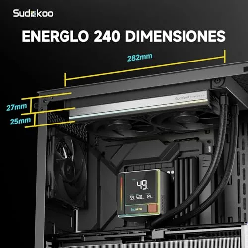 Sudokoo ▫️ ENERGLO 240 Refrigeração Líquida para PC: AIO de 240 mm com ecrã LCD segmentado, dissipador de CPU com duas ventoinhas PWM FDB e bomba PWM de 2500-3400 RPM para Intel LGA1851/1700/1200/115X e AMD AM5/AM4 3