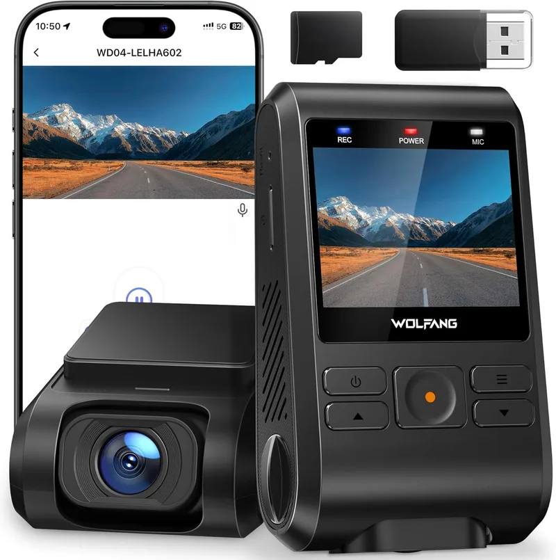 WOLFANG ▫️ Câmara de Carro 2.5K FHD, Inclui Cartão SD 32GB Lente Dupla Câmara de Carro 170° Grande Angular Monitor de Estacionamento 24H com Gravação em Loop e Sensor G