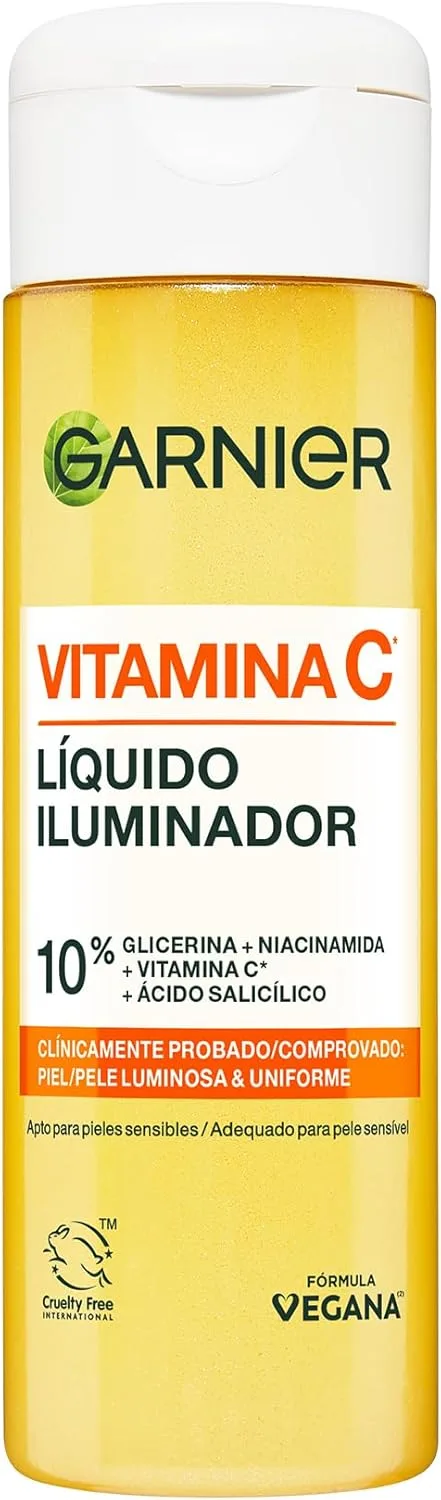 Garnier ▫️ SkinActive Vitamin C Brightening Liquid com 10% de Glicerina + [Niacinamida + Vitamina C + Ácido Salicílico]. Hidrata, reduz as manchas escuras e corrige o tom de pele irregular. 120 ml