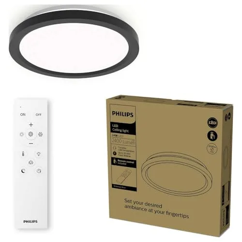 Philips ▫️ Luz de teto LED com comando à distância, redonda, 30 cm, regulável, luz branca ajustável, sala de estar, quarto, sem cintilação nem encandeamento, design moderno, preta 2