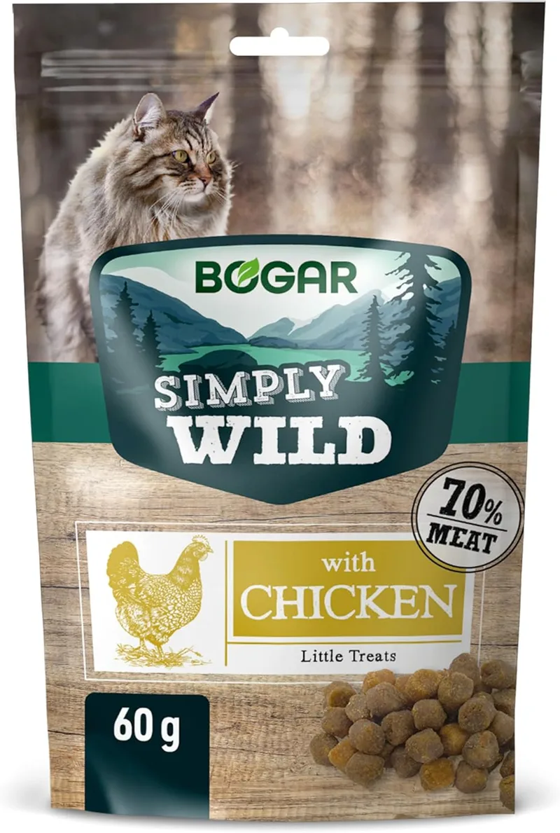 Bogar ▫️ Simply Wild - Guloseimas para gatos - Alimento complementar para gatos - Snacks com sabor a galinha - Petiscos suculentos e saborosos para ocasiões especiais - 60 G