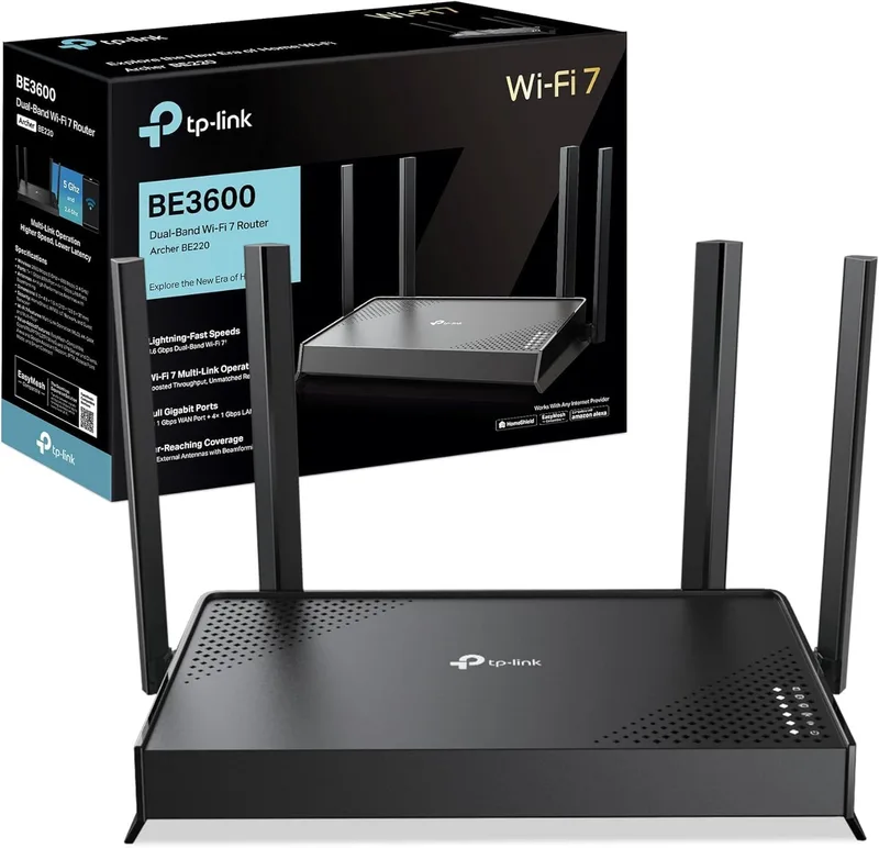 TP-Link ▫️ Archer BE220 - Router Wi-Fi 7, banda dupla, portas Gigabit | Ampla cobertura. Ligação estável para vários dispositivos. Compatível com EasyMesh. Aplicação de controlo Tether.
