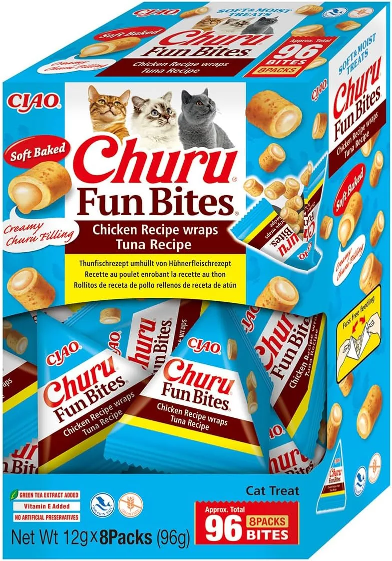 INABA ▫️ Churu Fun Bites Snack para Gatos, petiscos de frango com recheio de atum – 8 embalagens de 12 g – Suave e cremoso – Alimento para gatos sem conservantes nem corantes artificiais, sem cereais