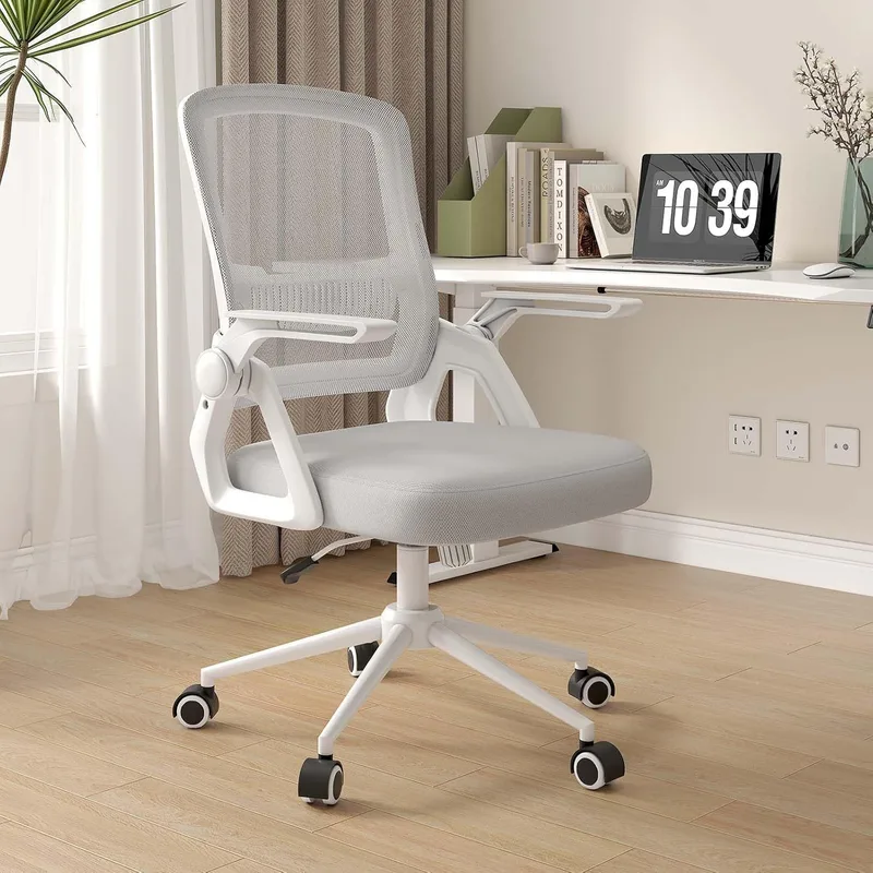 naspaluro ▫️ Cadeira de escritório ergonómica com encosto em rede e apoio lombar, cadeira de secretária giratória, ajustável em altura, apoios de braços rebatíveis a 90°, função de inclinação, para casa e escritório, cinzento